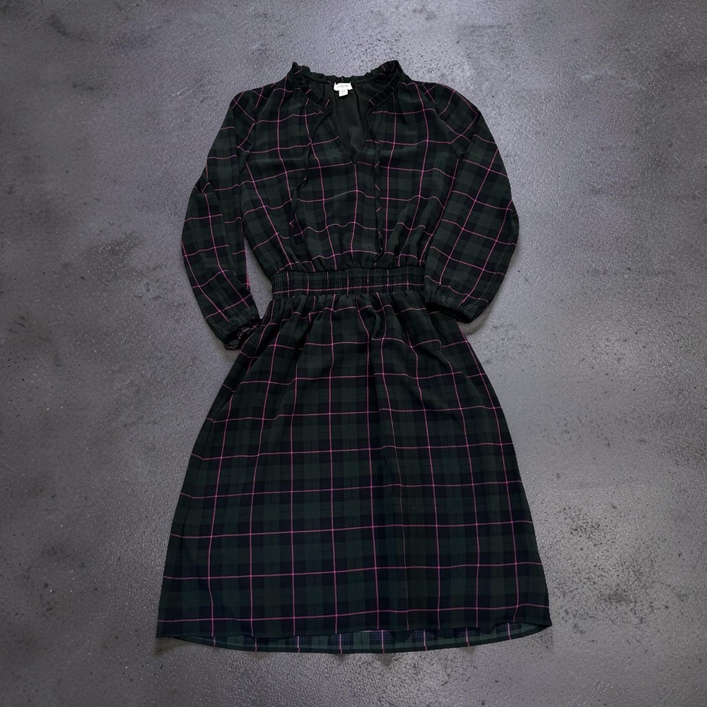 J.Crew Women Green Pink Blk Watch Plaid Smocked Waist Ruffle Midi Dress AG882 XS - Picture 1 of 12